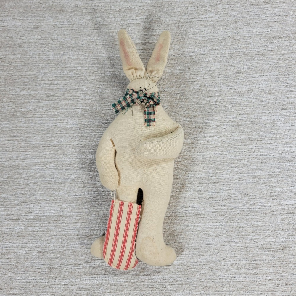 Antique Handmade Muslin Bunny Rabbit Doll Plaid Bow Christmas Stocking Folk Art